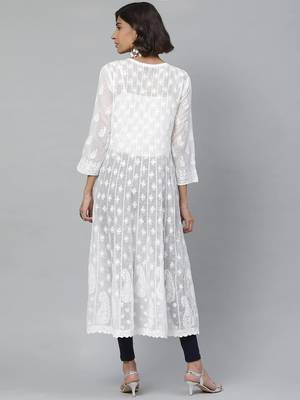Ada Hand Embroidered White Kota Lucknowi Chikan Women Kurta - A411120 2