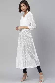 Ada Hand Embroidered White Kota Lucknowi Chikan Women Kurta - A411120