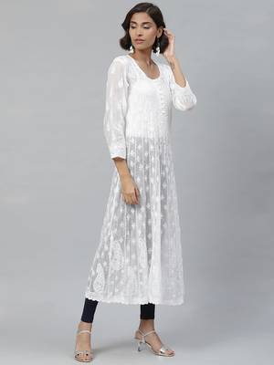 Ada Hand Embroidered White Kota Lucknowi Chikan Women Kurta - A411120 4