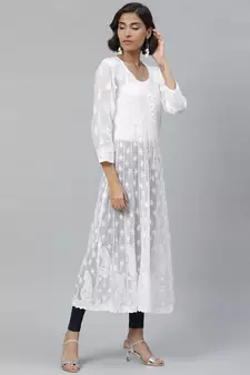 Ada Hand Embroidered White Kota Lucknowi Chikan Women Kurta - A411120