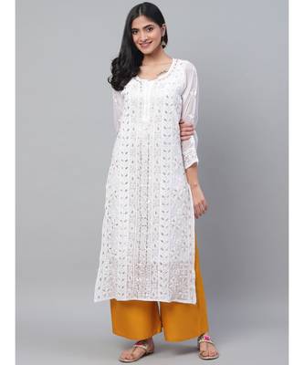 Ada Hand Embroidered White Georgette Lucknowi Chikankari Women Kurta-Slip With Gota Patti Work - A411114 1