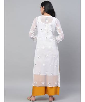 Ada Hand Embroidered White Georgette Lucknowi Chikankari Women Kurta-Slip With Gota Patti Work - A411114 3