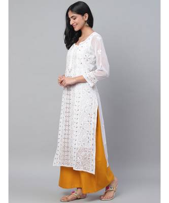 Ada Hand Embroidered White Georgette Lucknowi Chikankari Women Kurta-Slip With Gota Patti Work - A411114 4