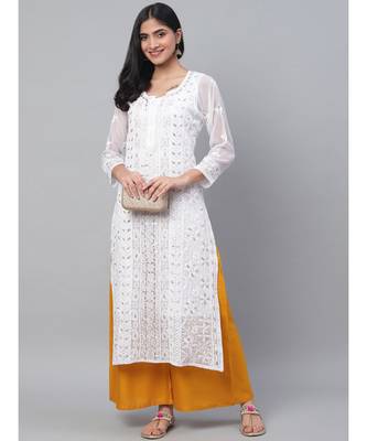 Ada Hand Embroidered White Georgette Lucknowi Chikankari Women Kurta-Slip With Gota Patti Work - A411114 5