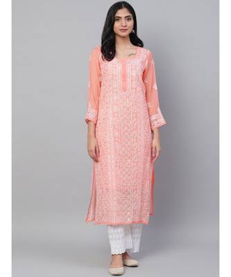 Ada Hand Embroidered Peach Georgette Lucknow Chikan Women Kurta-Slip With Gota Patti Work - A411113 1