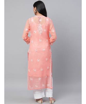 Ada Hand Embroidered Peach Georgette Lucknow Chikan Women Kurta-Slip With Gota Patti Work - A411113 2