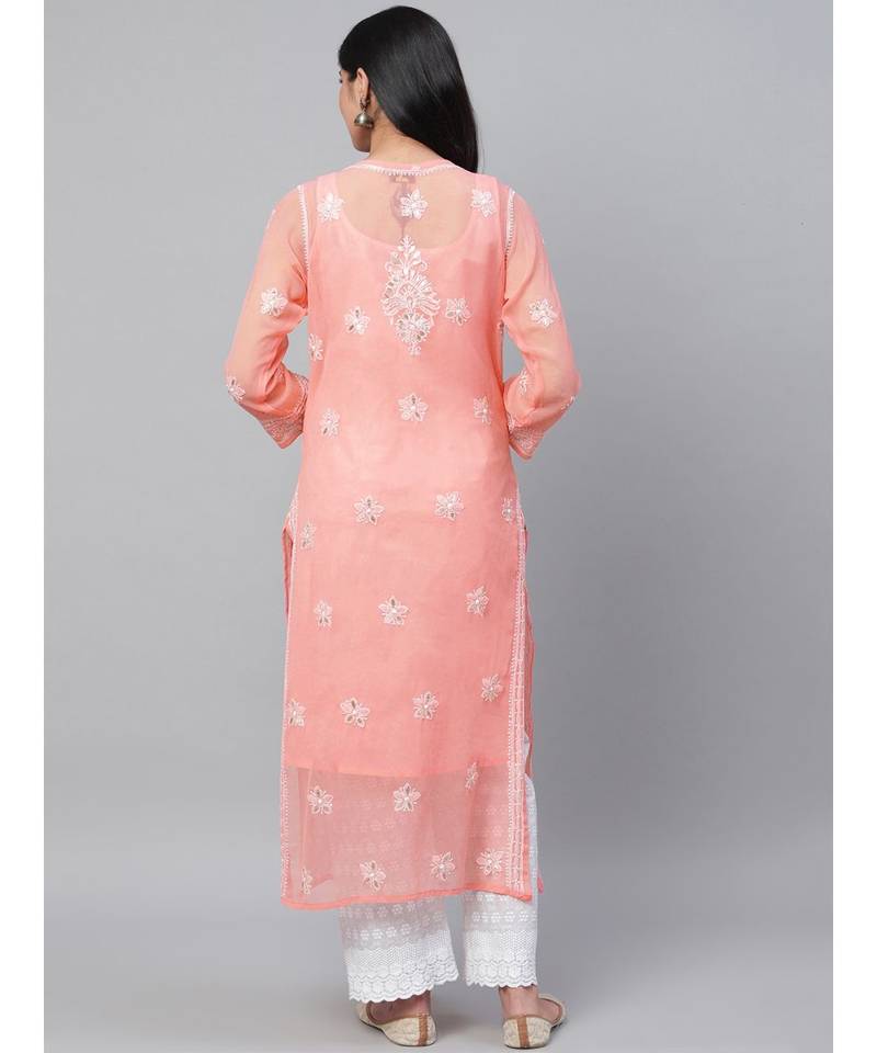 Ada Hand Embroidered Peach Georgette Lucknow Chikan Women Kurta-Slip With Gota Patti Work - A411113