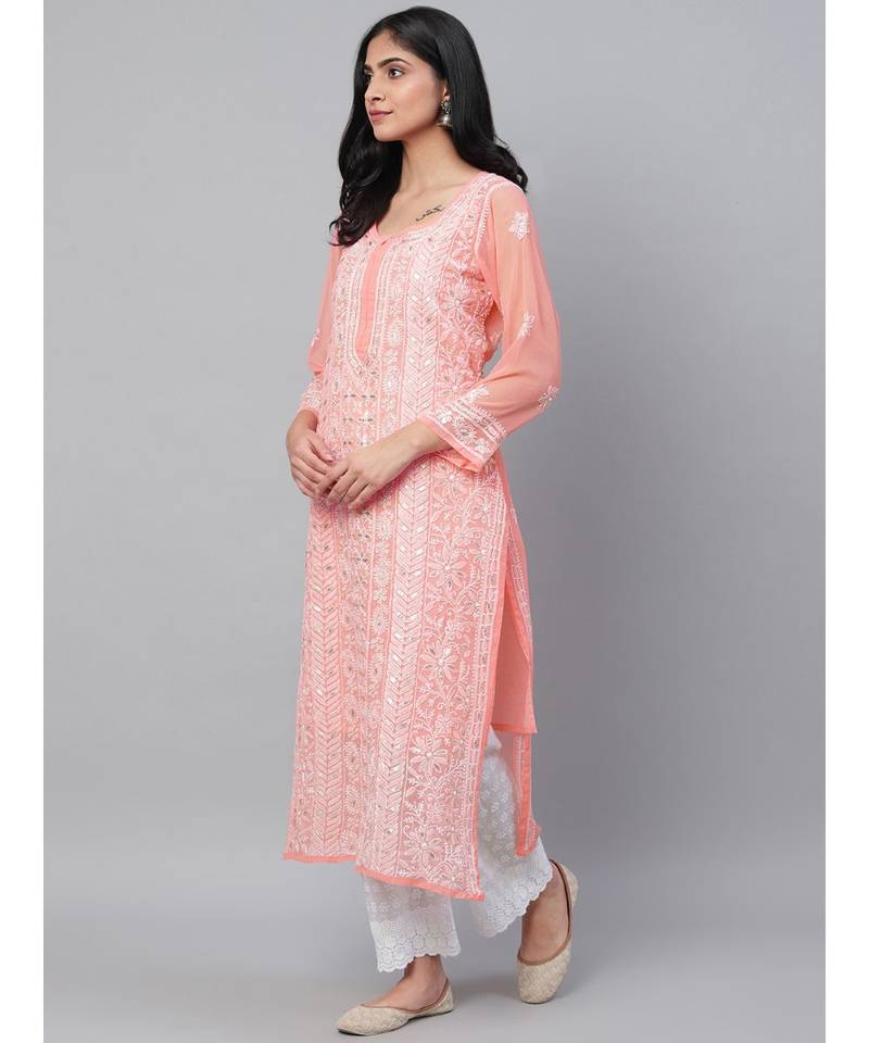 Ada Hand Embroidered Peach Georgette Lucknow Chikan Women Kurta-Slip With Gota Patti Work - A411113
