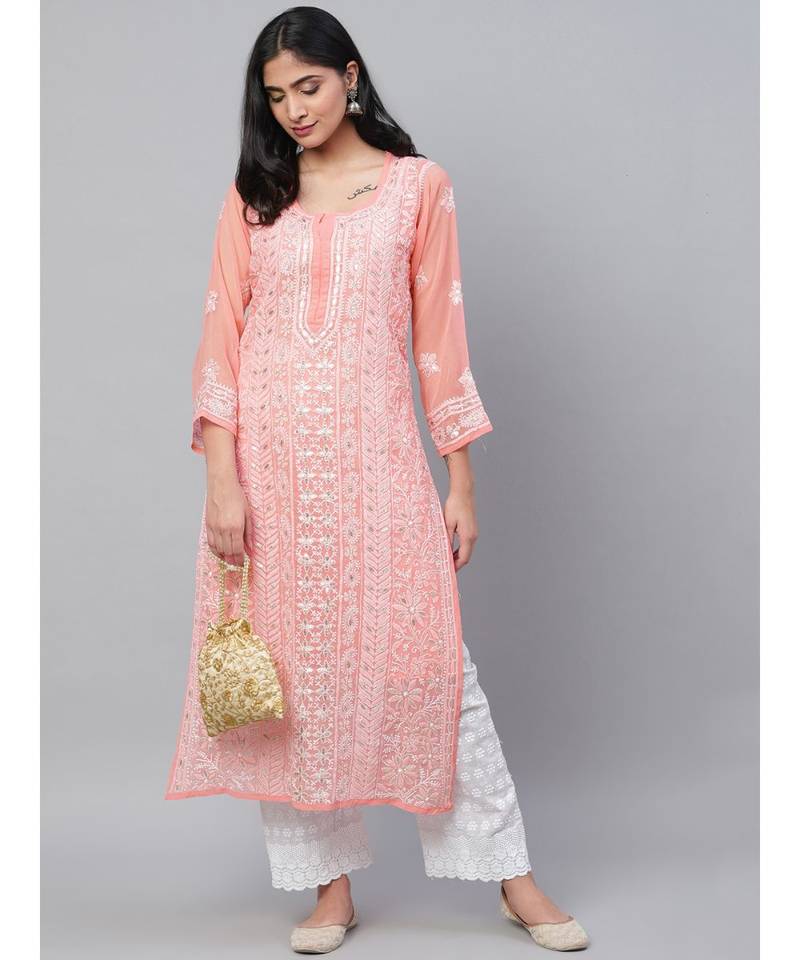 Ada Hand Embroidered Peach Georgette Lucknow Chikan Women Kurta-Slip With Gota Patti Work - A411113