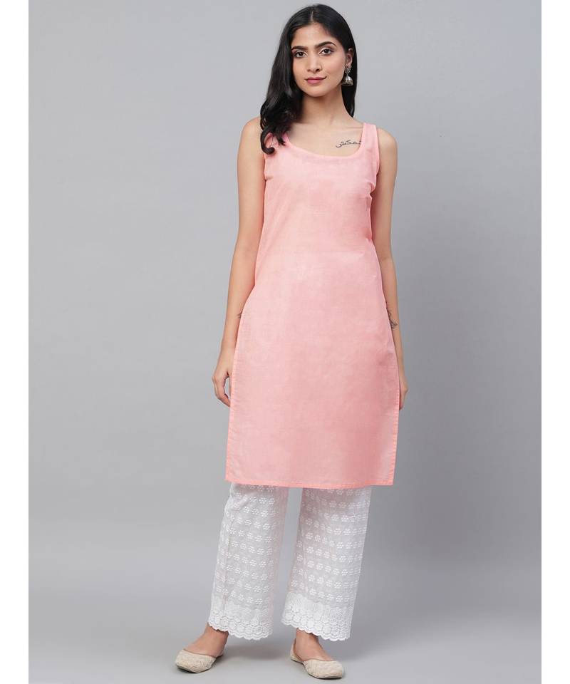 Ada Hand Embroidered Peach Georgette Lucknow Chikan Women Kurta-Slip With Gota Patti Work - A411113