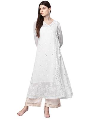 Hand Embroidered White Georgette Lucknow Chikankari Women Angarkha Kurta-Slip With Muqaish Work 1