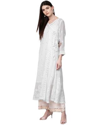 Hand Embroidered White Georgette Lucknow Chikankari Women Angarkha Kurta-Slip With Muqaish Work 2