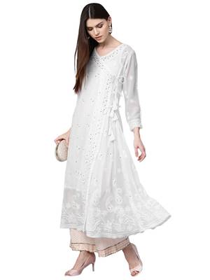 Hand Embroidered White Georgette Lucknow Chikankari Women Angarkha Kurta-Slip With Muqaish Work 3