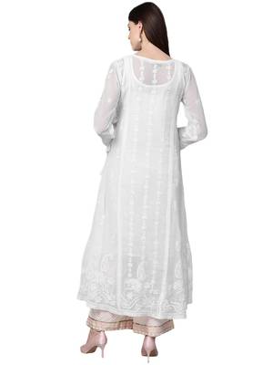 Hand Embroidered White Georgette Lucknow Chikankari Women Angarkha Kurta-Slip With Muqaish Work 4