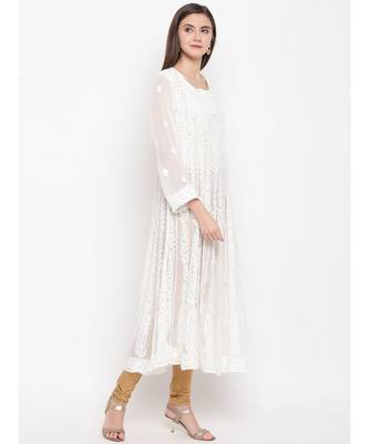 Ada Hand Embroidered White Georgette Lucknow Chikankari Women Anarkali Kurta - A100300 1