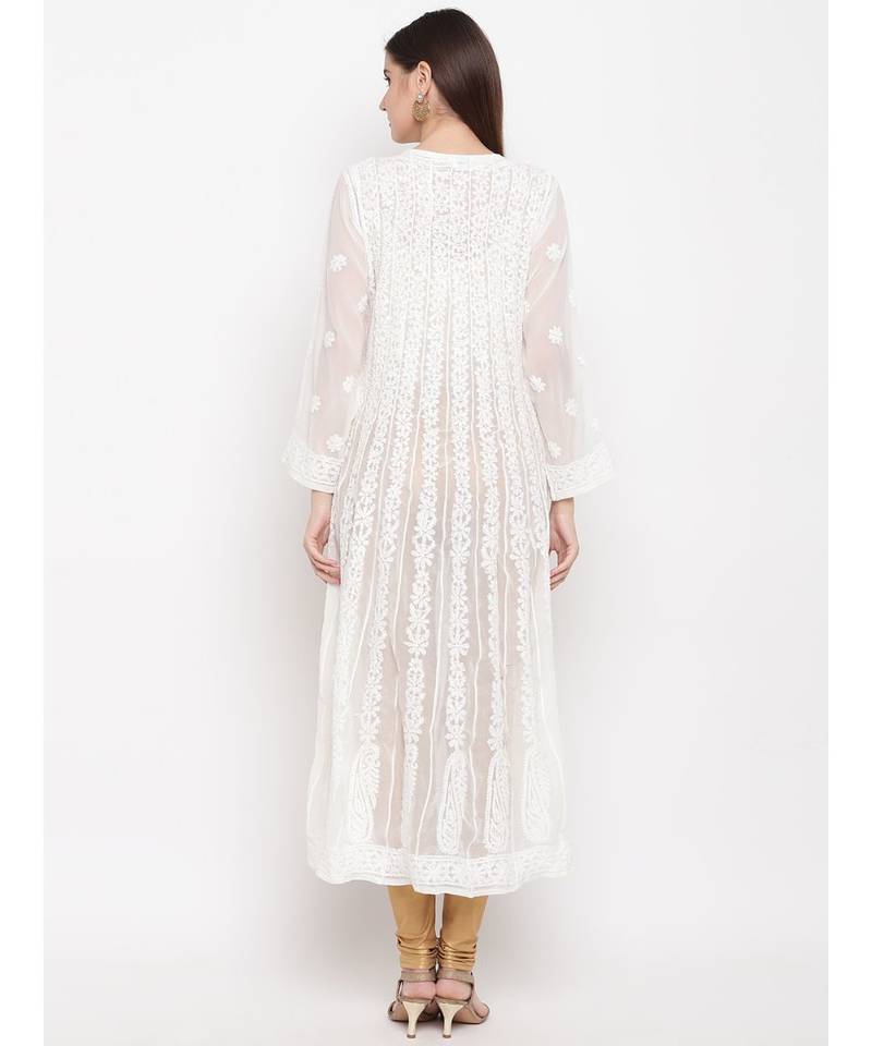 Ada Hand Embroidered White Georgette Lucknow Chikankari Women Anarkali Kurta - A100300