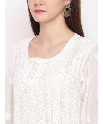 Ada Hand Embroidered White Georgette Lucknow Chikankari Women Anarkali Kurta - A100300 3