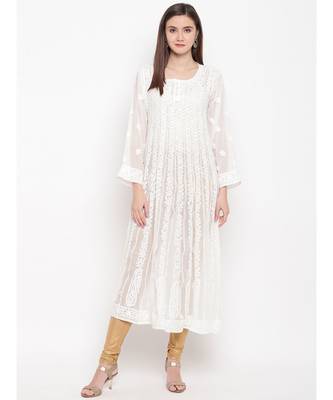Ada Hand Embroidered White Georgette Lucknow Chikankari Women Anarkali Kurta - A100300 4