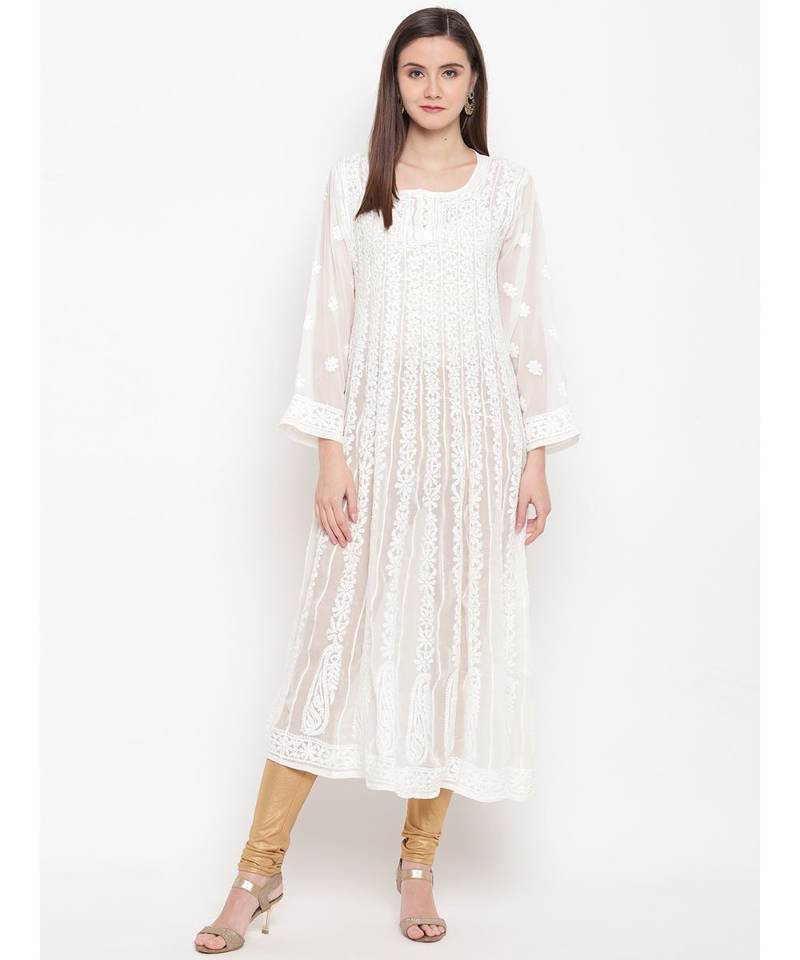 Ada Hand Embroidered White Georgette Lucknow Chikankari Women Anarkali Kurta - A100300