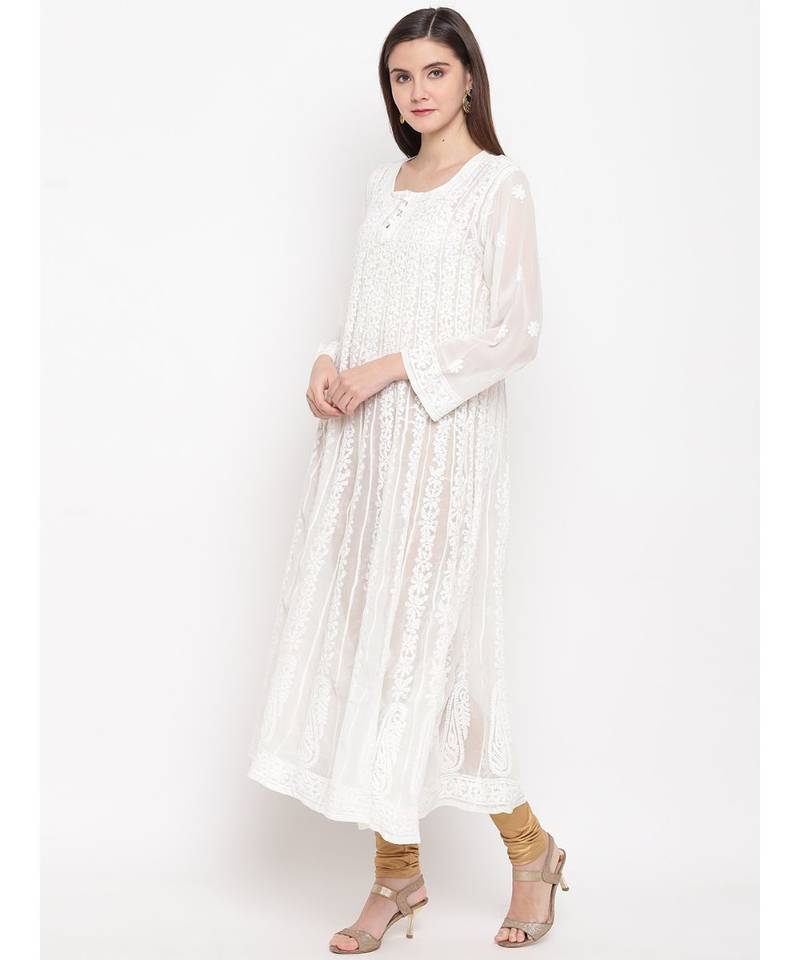 Ada Hand Embroidered White Georgette Lucknow Chikankari Women Anarkali Kurta - A100300
