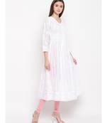 Ada Hand Embroidered White Cotton Angrakha Lucknow Chikankari Women Kurta - A100299