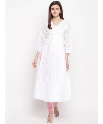 Ada Hand Embroidered White Cotton Angrakha Lucknow Chikankari Women Kurta - A100299 2