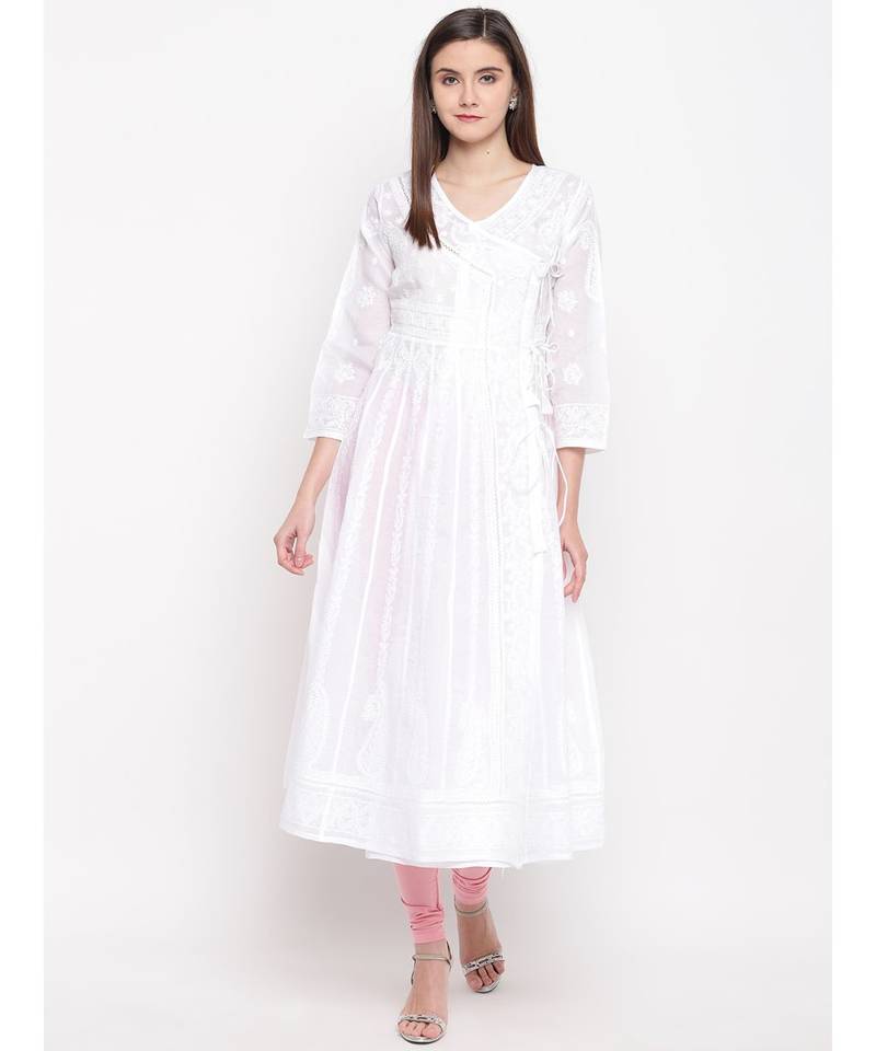 Ada Hand Embroidered White Cotton Angrakha Lucknow Chikankari Women Kurta - A100299