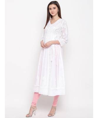 Ada Hand Embroidered White Cotton Angrakha Lucknow Chikankari Women Kurta - A100299 3