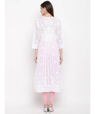 Ada Hand Embroidered White Cotton Angrakha Lucknow Chikankari Women Kurta - A100299 4