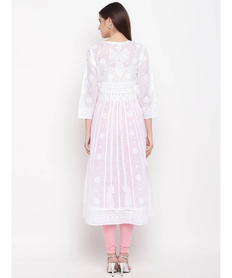 Ada Hand Embroidered White Cotton Angrakha Lucknow Chikankari Women Kurta - A100299