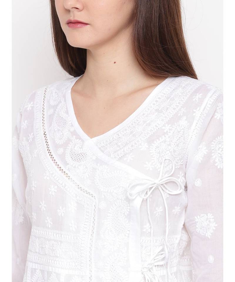Ada Hand Embroidered White Cotton Angrakha Lucknow Chikankari Women Kurta - A100299