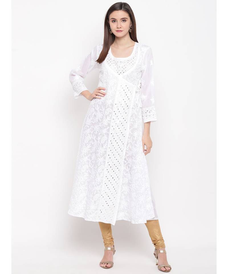 Ada Hand Embroidered White Cotton Angarkha Lucknow Chikankari Women Kurti With Muqaish Work - A100297