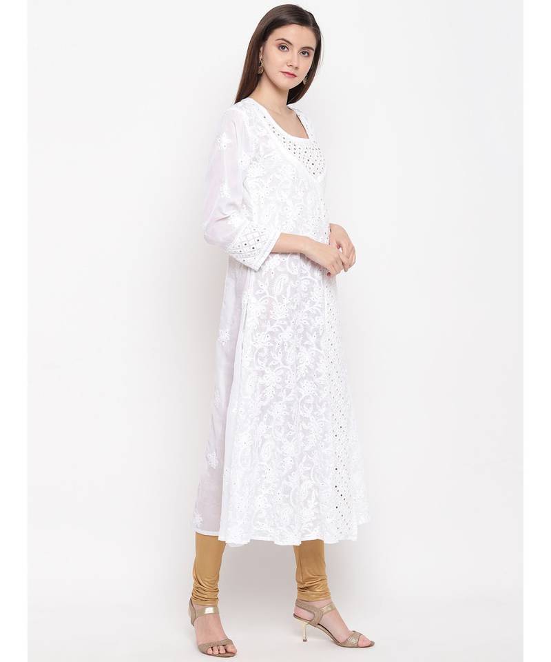 Ada Hand Embroidered White Cotton Angarkha Lucknow Chikankari Women Kurti With Muqaish Work - A100297