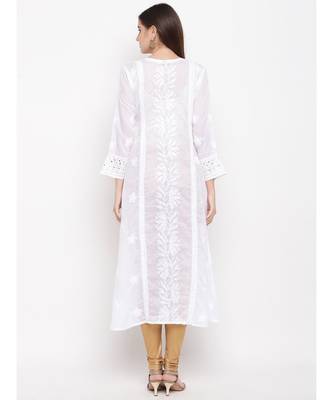 Ada Hand Embroidered White Cotton Angarkha Lucknow Chikankari Women Kurti With Muqaish Work - A100297 4