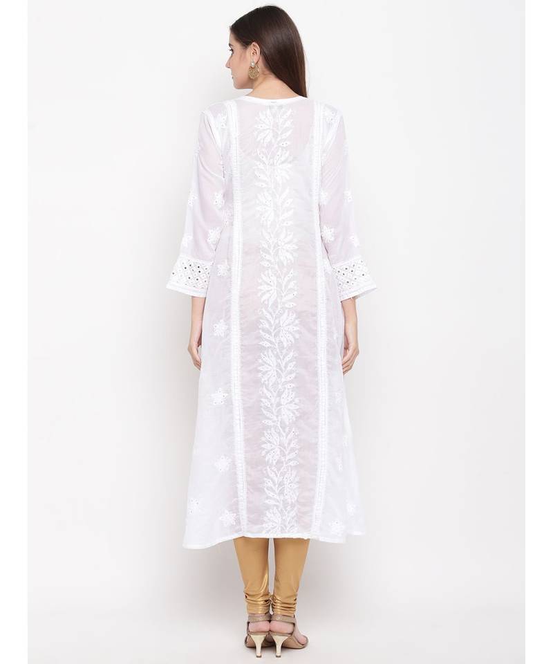 Ada Hand Embroidered White Cotton Angarkha Lucknow Chikankari Women Kurti With Muqaish Work - A100297