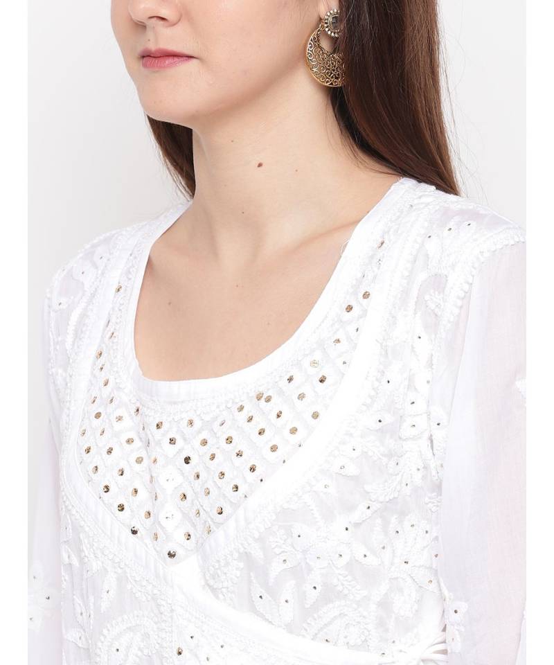 Ada Hand Embroidered White Cotton Angarkha Lucknow Chikankari Women Kurti With Muqaish Work - A100297