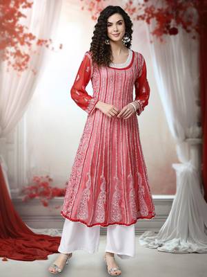 Women'S Hand Embroidered Red Georgette Lucknow Chikankari Anarkali Kurta 1