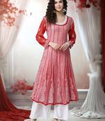Women'S Hand Embroidered Red Georgette Lucknow Chikankari Anarkali Kurta