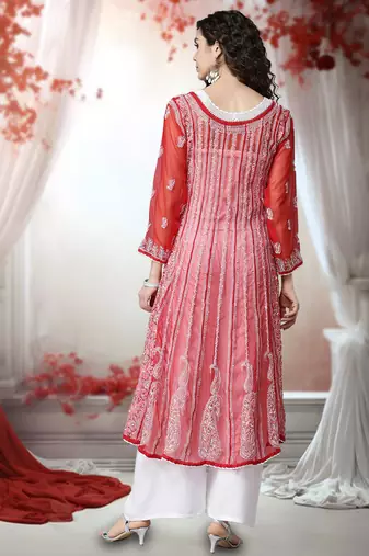 Women'S Hand Embroidered Red Georgette Lucknow Chikankari Anarkali Kurta