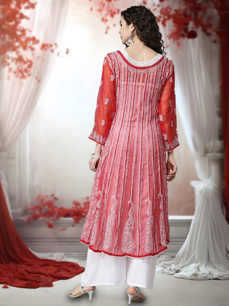 Women'S Hand Embroidered Red Georgette Lucknow Chikankari Anarkali Kurta