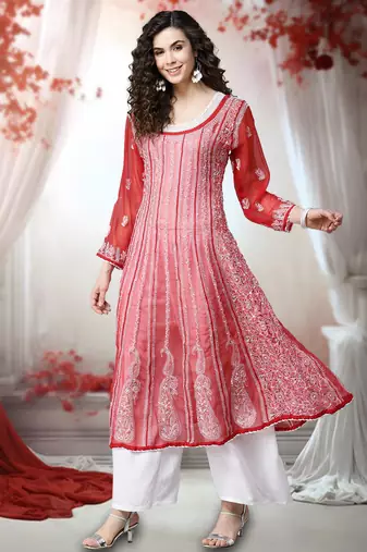 Women'S Hand Embroidered Red Georgette Lucknow Chikankari Anarkali Kurta