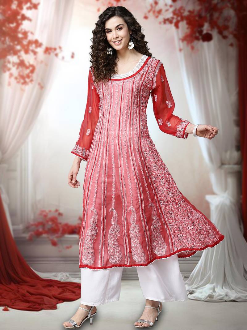 Women'S Hand Embroidered Red Georgette Lucknow Chikankari Anarkali Kurta