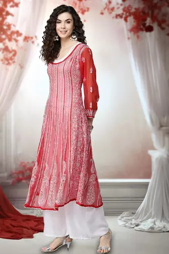 Women'S Hand Embroidered Red Georgette Lucknow Chikankari Anarkali Kurta