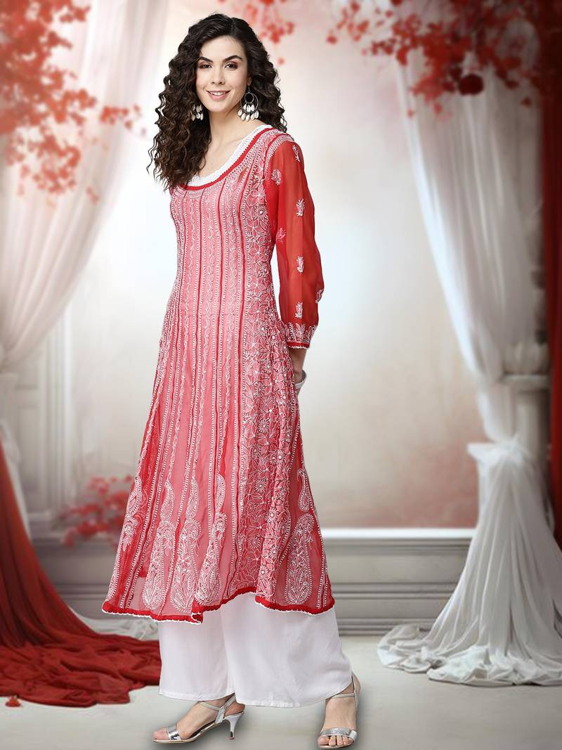 Women'S Hand Embroidered Red Georgette Lucknow Chikankari Anarkali Kurta