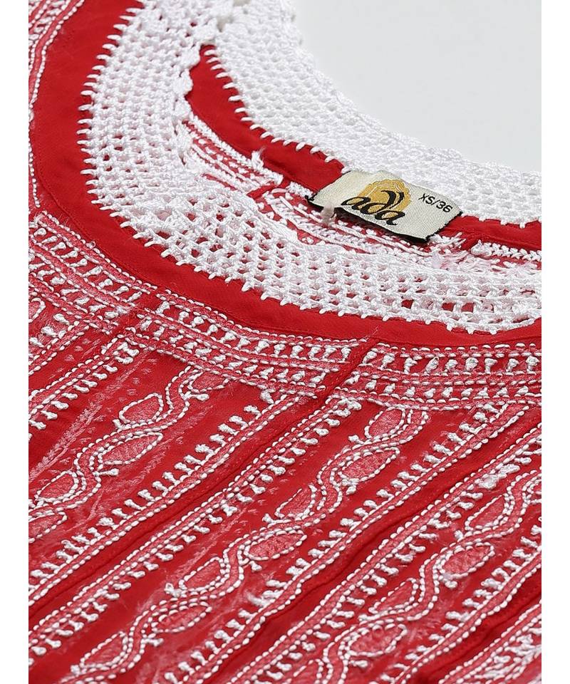 Women'S Hand Embroidered Red Georgette Lucknow Chikankari Anarkali Kurta