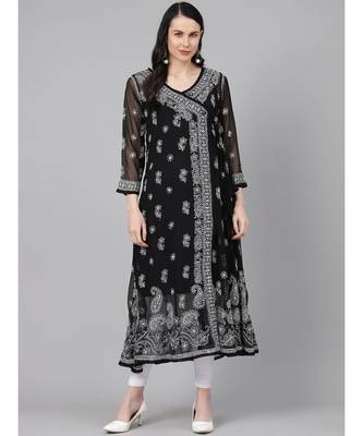Ada Hand Embroidered Black Georgette Lucknow Chikankari Women Angarkha Kurta With Slip - A411162 1