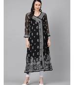 Ada Hand Embroidered Black Georgette Lucknow Chikankari Women Angarkha Kurta With Slip - A411162