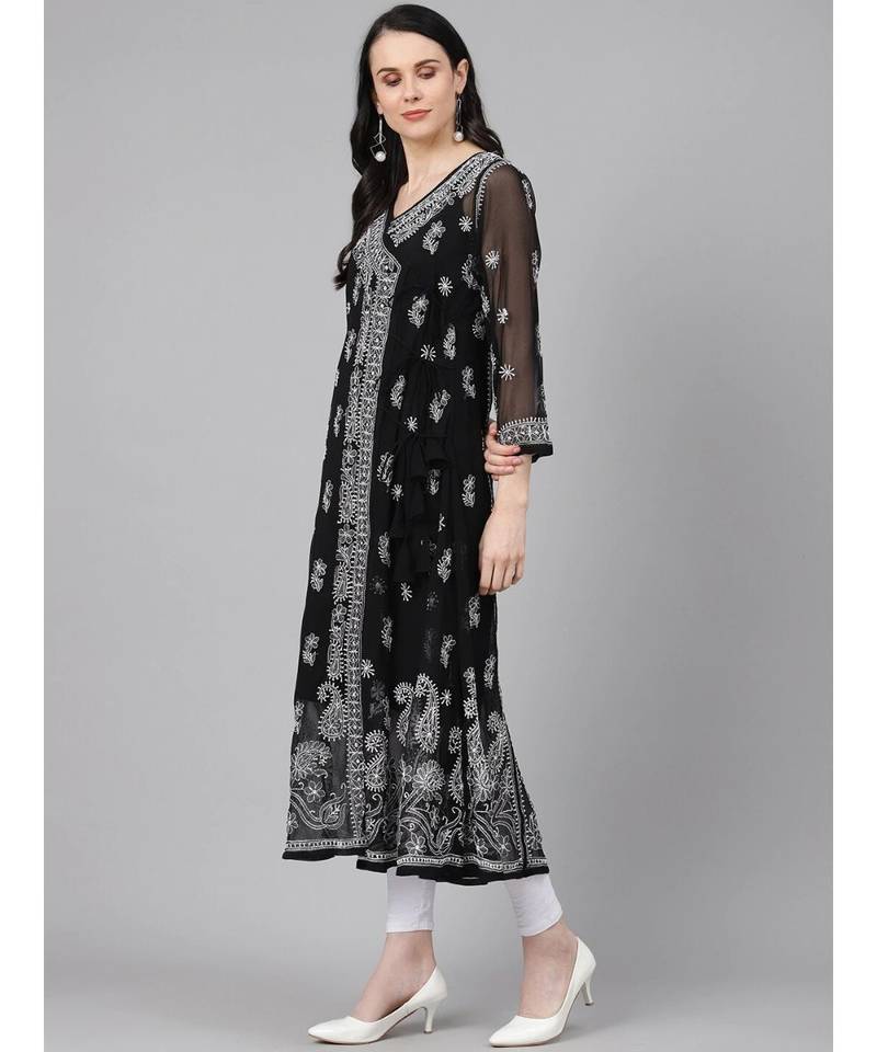 Ada Hand Embroidered Black Georgette Lucknow Chikankari Women Angarkha Kurta With Slip - A411162