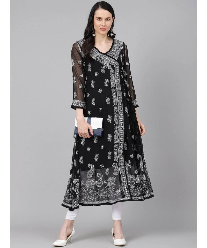 Ada Hand Embroidered Black Georgette Lucknow Chikankari Women Angarkha Kurta With Slip - A411162