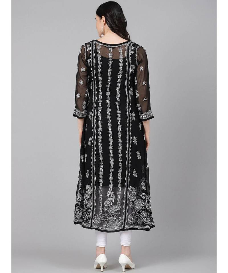 Ada Hand Embroidered Black Georgette Lucknow Chikankari Women Angarkha Kurta With Slip - A411162